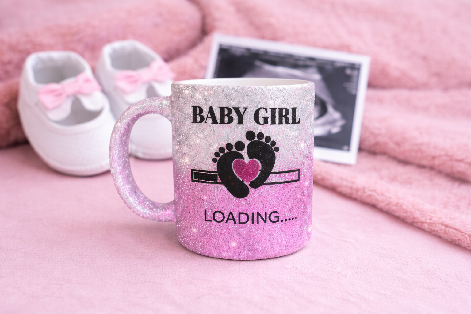 Baby Girl Loading Glitter Mug / New Baby Girl Gift – Pink Glitter mug - Image 3